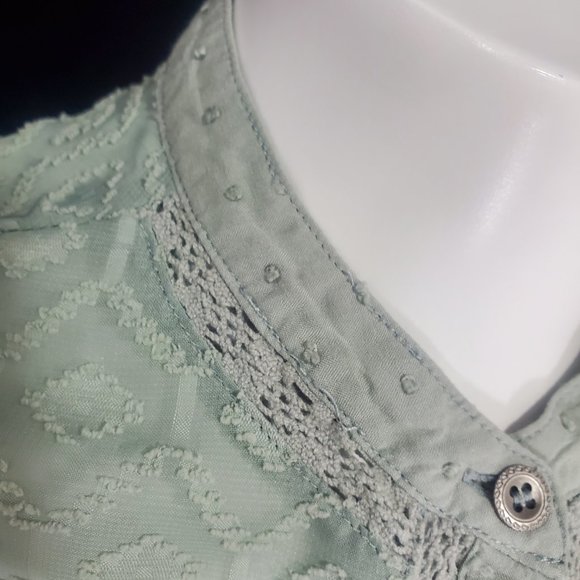 Paper & Crane Dot Fabric and Lace Button Up Blouse Sage Green Long Sleeve Sz. S - Picture 8 of 14